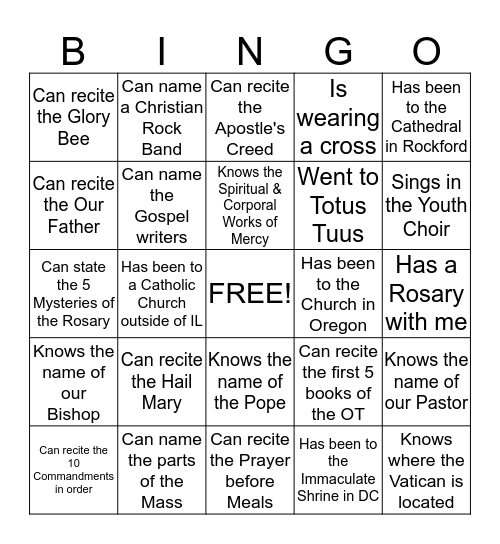 Catholic Bingo Card