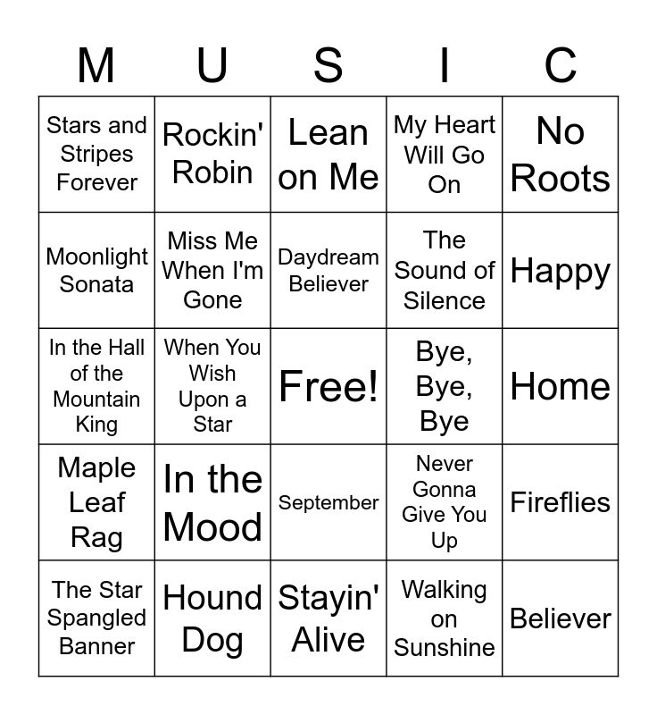 Song Bingo Card