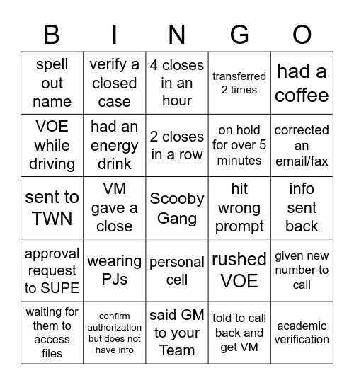 Verifications Bingo Card