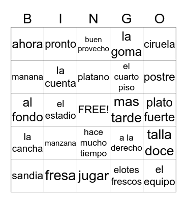 BINGO en espanol Bingo Card