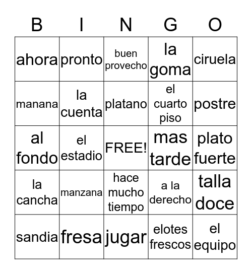 BINGO en espanol Bingo Card