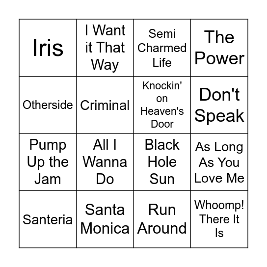 1990's Too Bingo Card