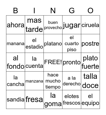 BINGO en espanol Bingo Card