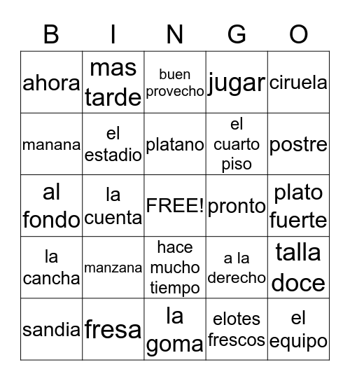 BINGO en espanol Bingo Card