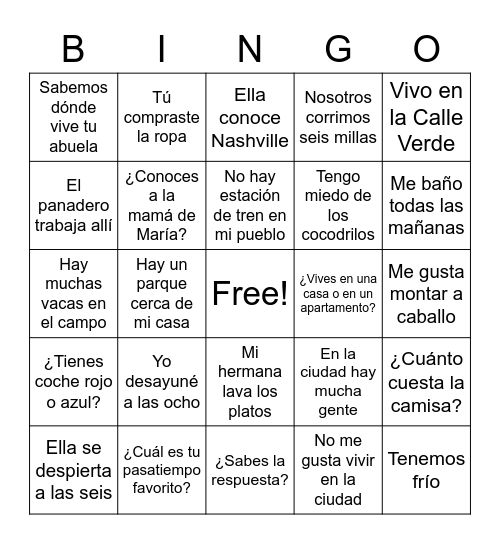 Spanish II Review Bingo Card