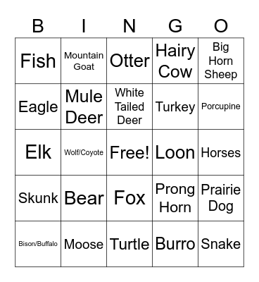 Vacation Animals BINGO Card