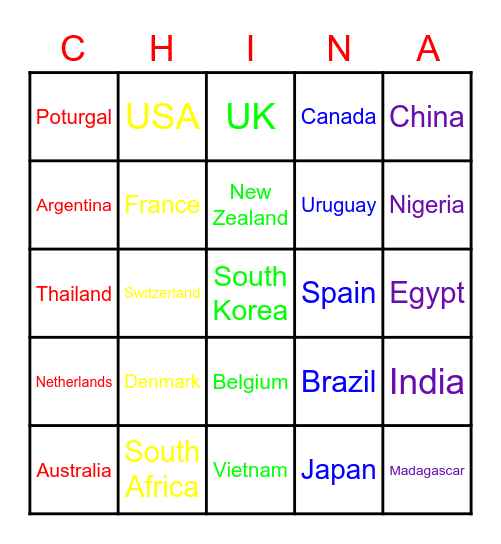 Countries Bingo Card