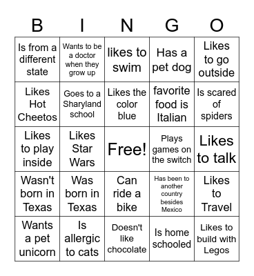 Get to know you Bingo Card