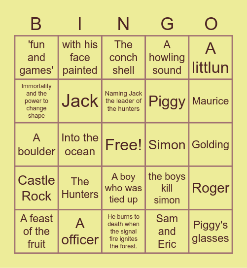 The Lord of the Flies BINGO Card