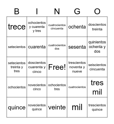 Numeros 1-1000 Bingo Card