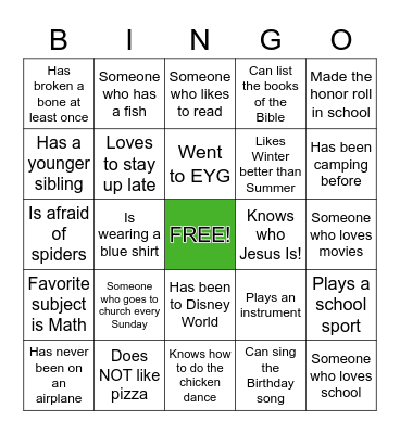 Ice-Braker Bingo! Middle School Edition Bingo Card