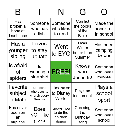 Ice-Braker Bingo! Middle School Edition Bingo Card