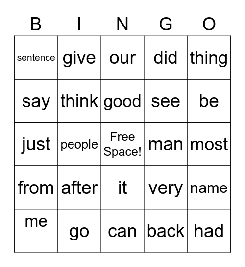 Sight Word BINGO Card