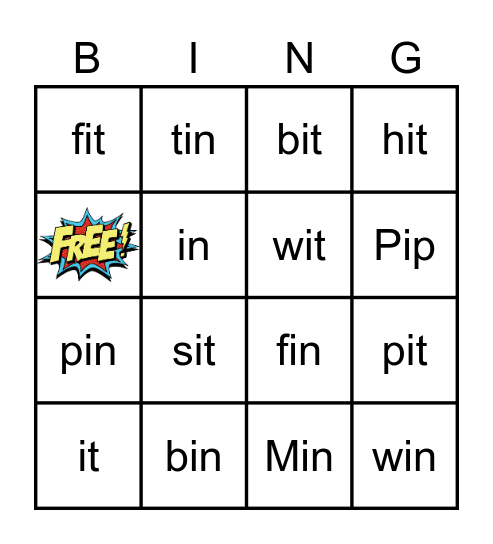 WORD FAMILIES -in, -it Bingo Card