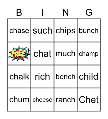 Phonics Digraph CH Bingo Card