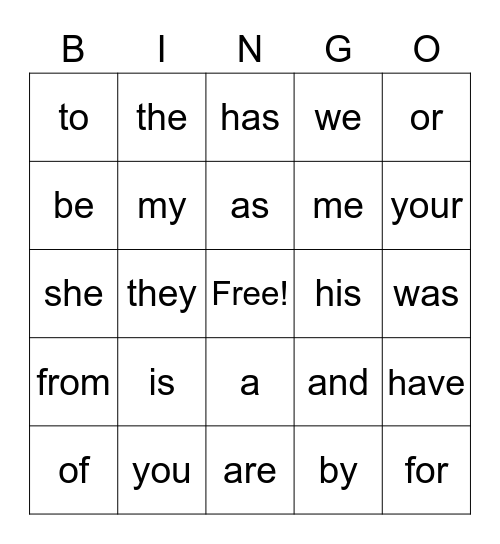 Trick Word Bingo Card