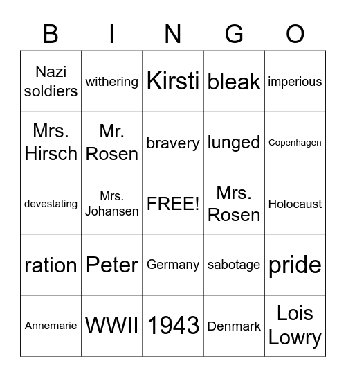 Number the Stars BINGO! Bingo Card