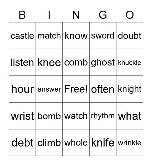 Silent letters Bingo Card