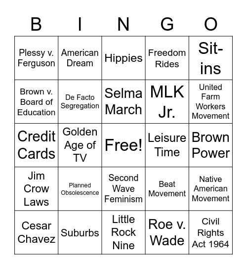 Unit 9-Social Changes Bingo Card