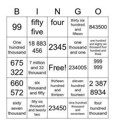 Number Bingo Card