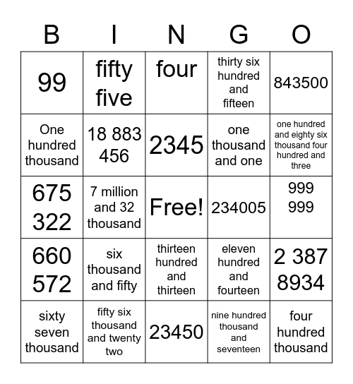 Number Bingo Card