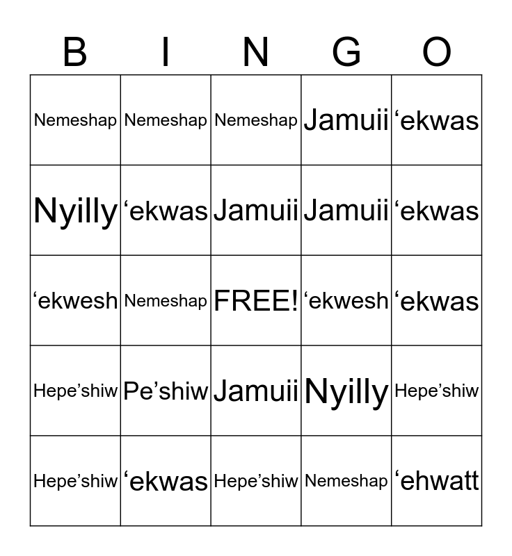 Kumeyaay Colors Bingo Card