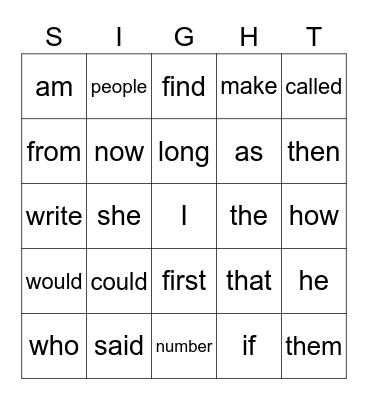 Sight Words Bingo Card