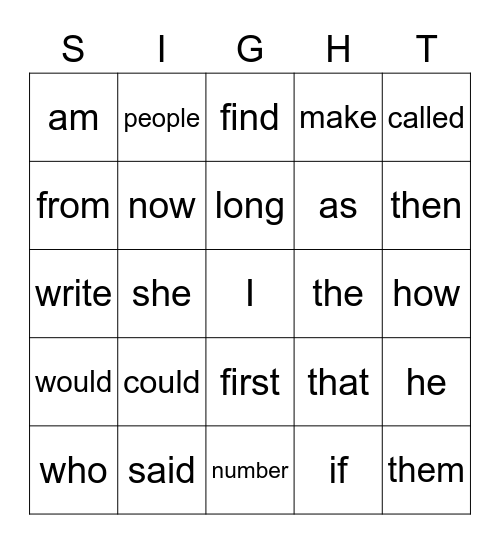 Sight Words Bingo Card