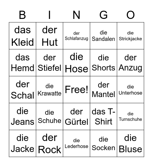 Klamotten Bingo Card