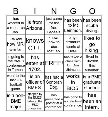 BMES Ice-Breaker Bingo Card