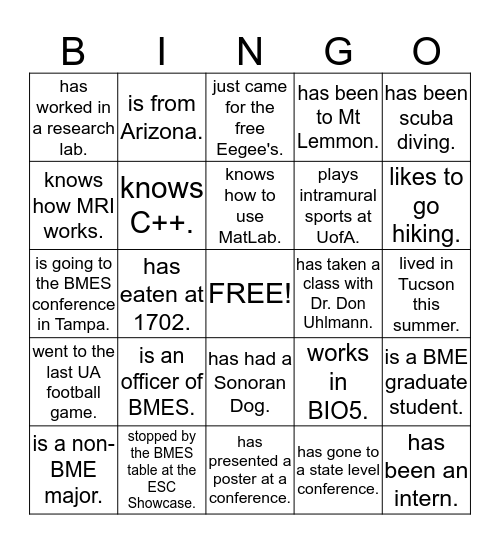 BMES Ice-Breaker Bingo Card