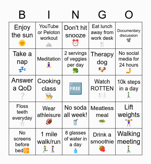 Rhythm 2022 Wellness Week Bingo Card