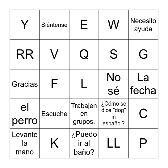 Spanish Review Bingo Card