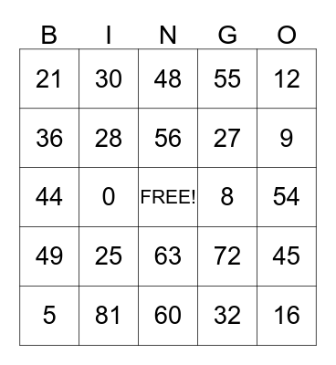 Multiplication Bingo Card