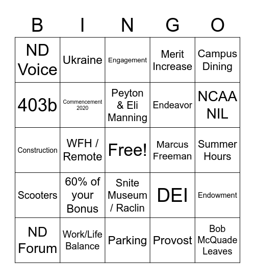ND Town Hall Spring 2022 Bingo Card