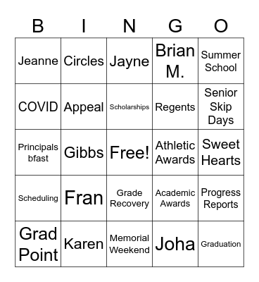 Faculty Mtg. Bingo Card