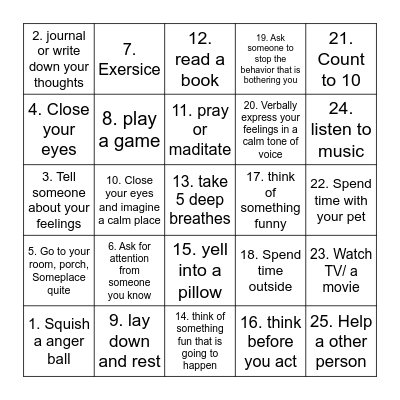 how to move down the anger thermometer Bingo Card