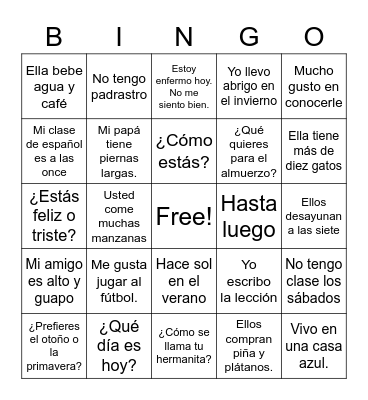 Spanish I Review Bingo Card