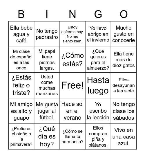 Spanish I Review Bingo Card