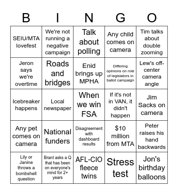 RUM Steering Committee Bingo Card