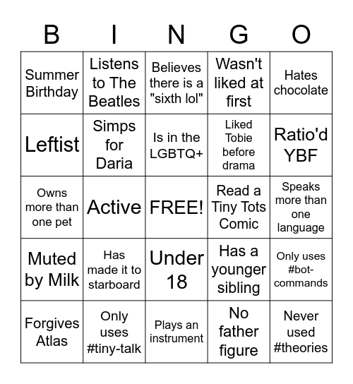Tiny Tots Discord Bingo Card