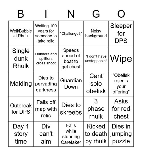 Vow LFG Bingo Card