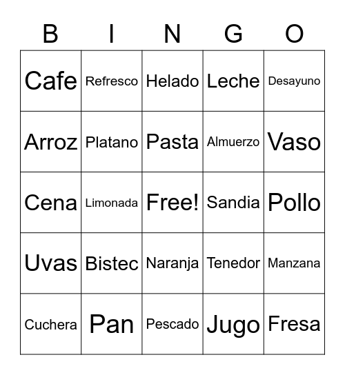 Food, Beverages, and Utensils in spanish Bingo Card
