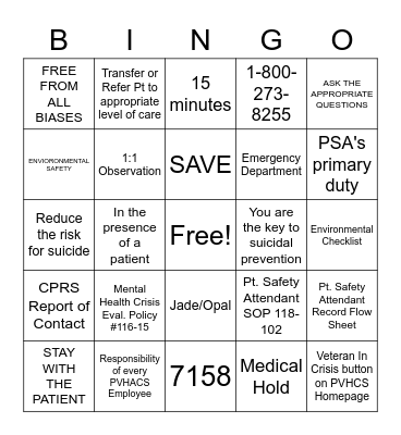 SUICIDE PREVENTION SAFSETY Bingo Card