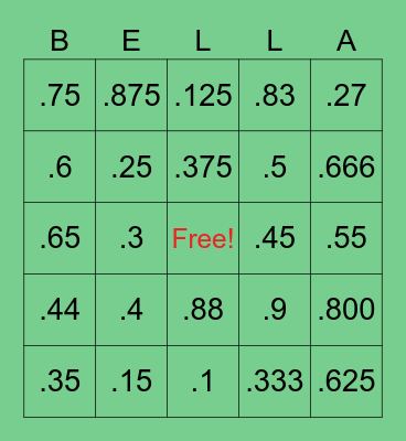 Decimal to Fraction Bingo Card