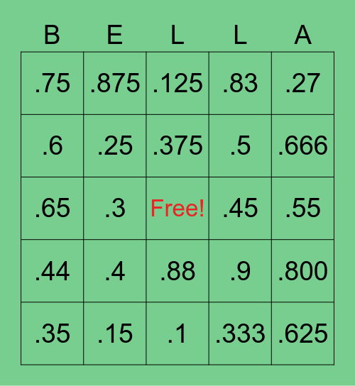 Decimal to Fraction Bingo Card