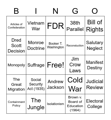 Important Terms in US History Bingo Card
