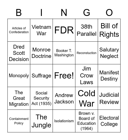 Important Terms In US History Bingo Card