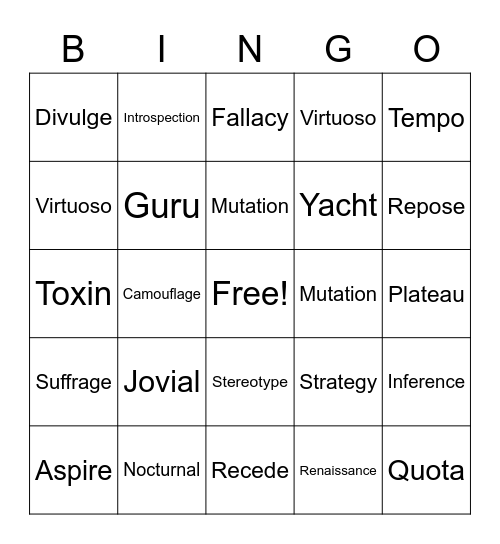 Vocabulary Words Bingo Card