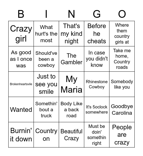 I know that  Country song!! Bingo Card